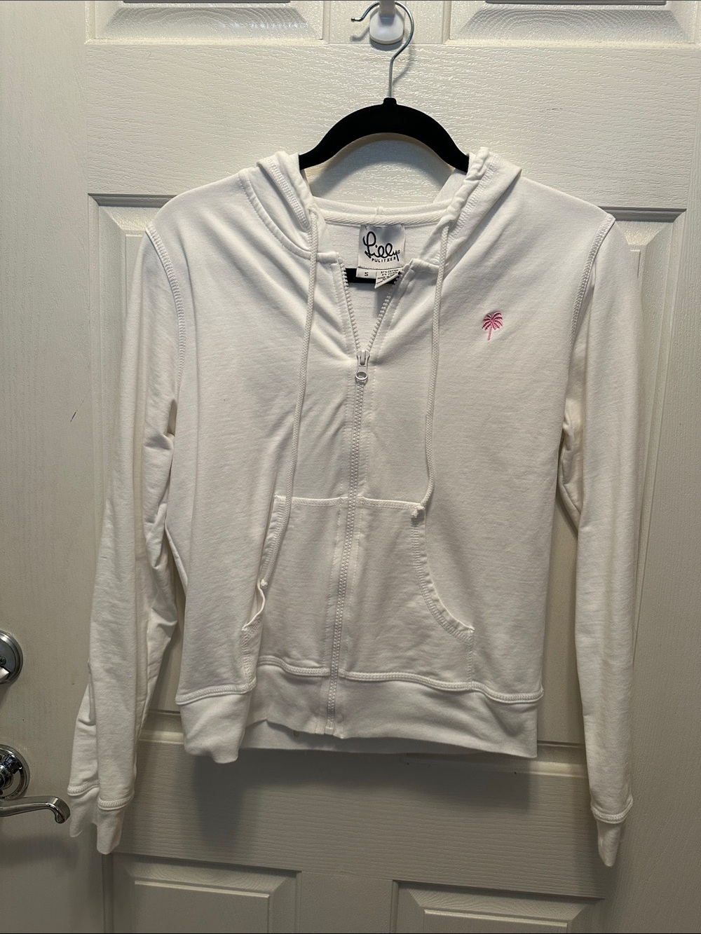 Lilly Pulitzer White Zip Hoodie with Pink Palm Motif 97% Cotton 3% Lycra Size S